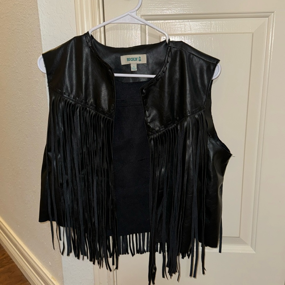 Black leather fringe vest